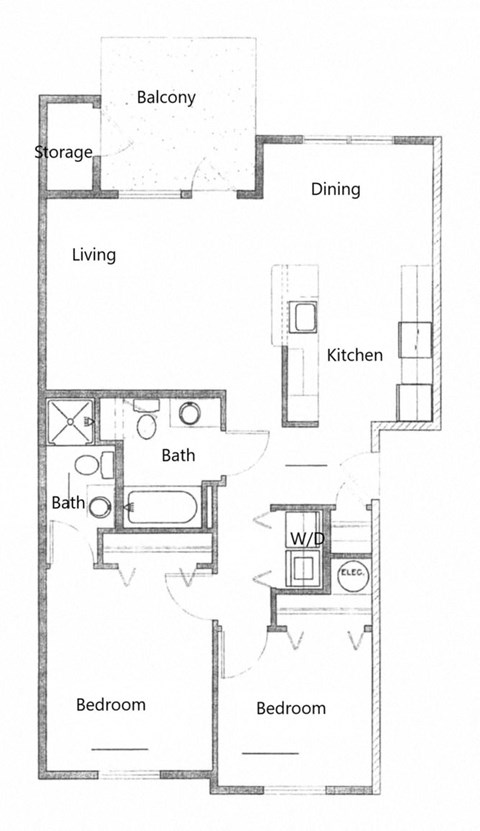 2 Bedroom, 2 Bathroom Floor Plan